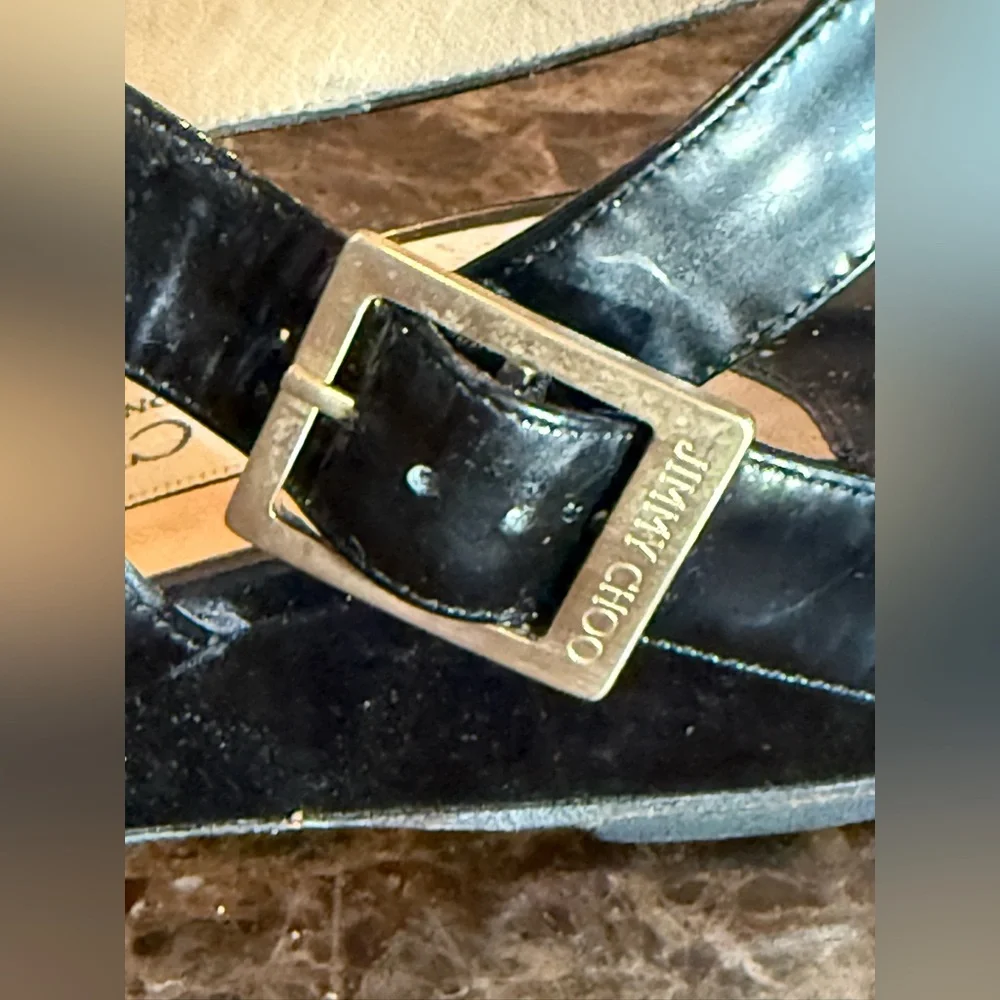Jimmy Choo. Black Patent Connor Wedge Sandals. Size 37.